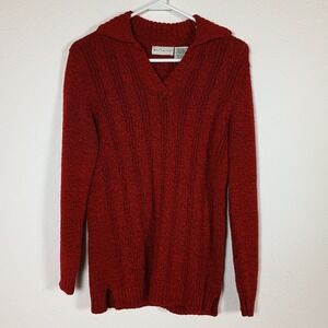 White Stag Ladies Small Red Textured‎ V-Neck Collared Pullover Sweater